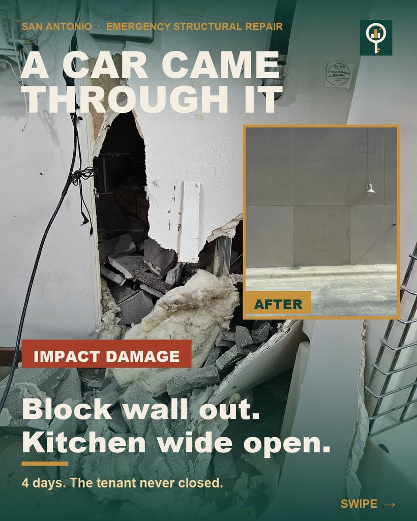 Vehicle impact repair on an occupied restaurant — slide 1