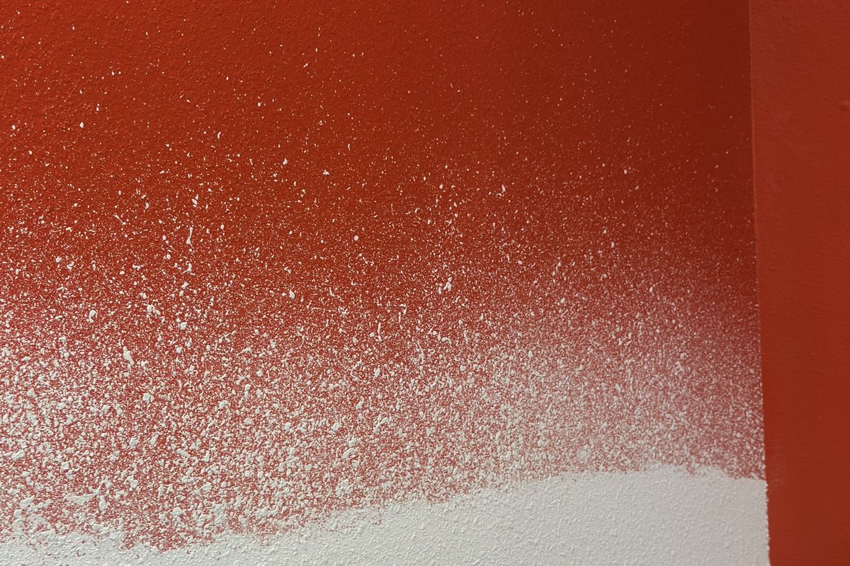 Brand colour being rolled onto a repaired wall